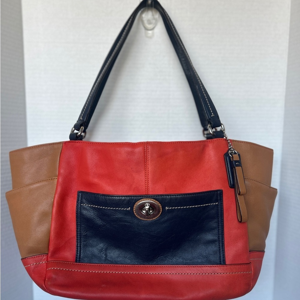 Coach Colorblock Leather Tote Bag - Red, Blue & Tan